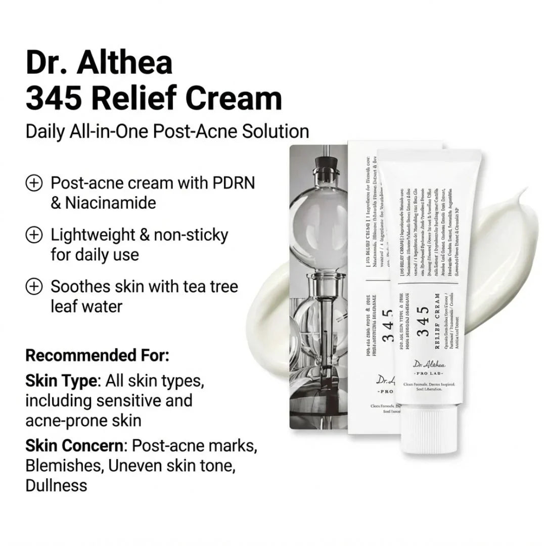 Dr. Althea 345 Relief Cream packaging with product details on a white background