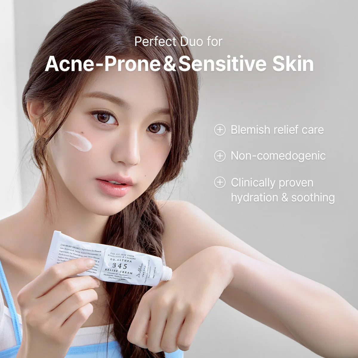 Woman applying cream to her arm with text about skincare product for acne-prone and sensitive skin.