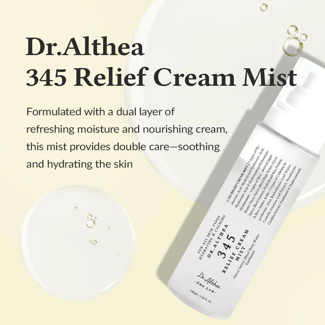 Dr. Althea 345 Relief Cream Mist with product packaging and text on a light background