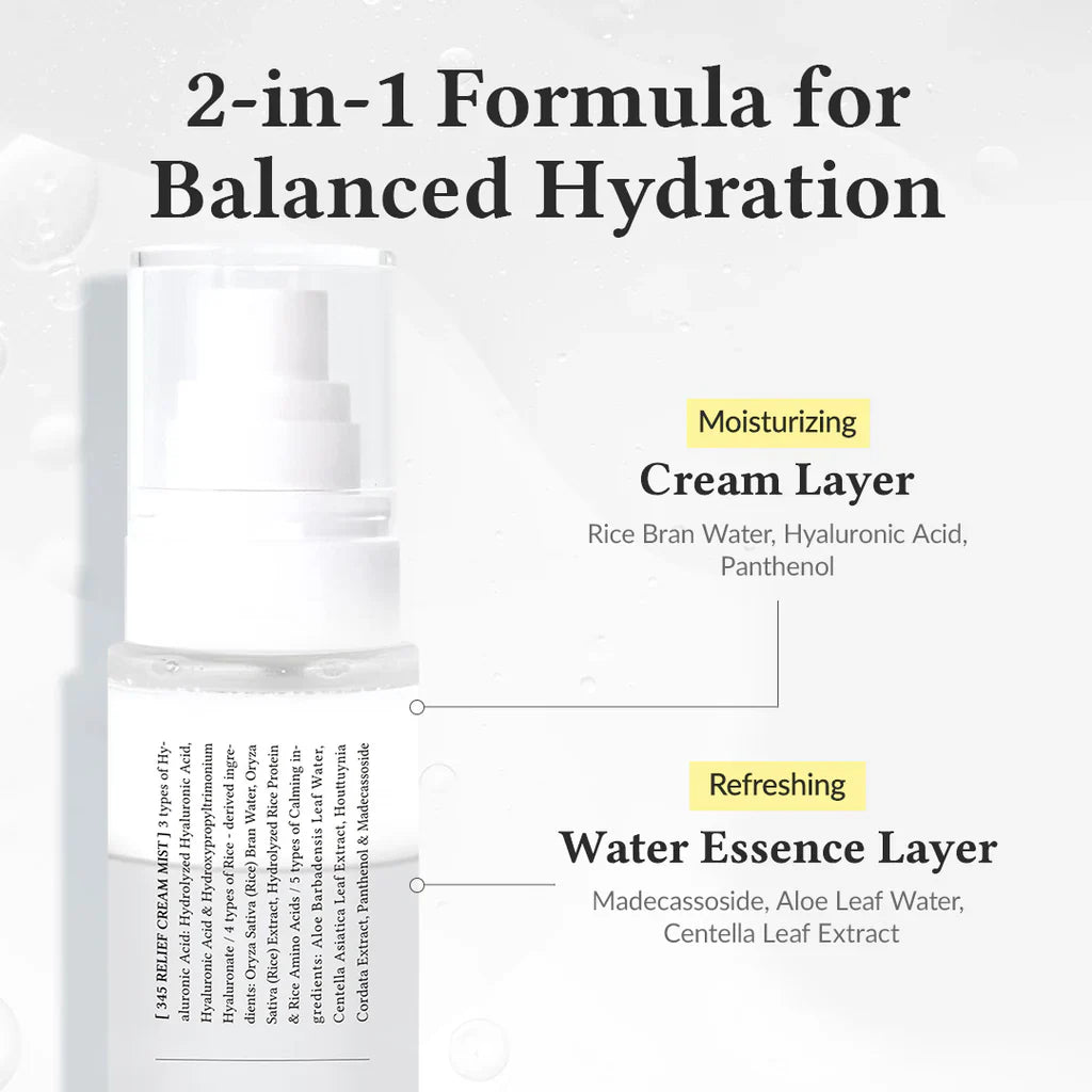 Skincare product with text detailing a 2-in-1 formula for balanced hydration.