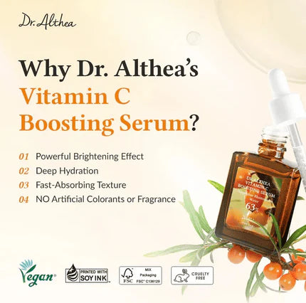 Dr. Althea Vitamin C Boosting Serum with benefits listed on a light background
