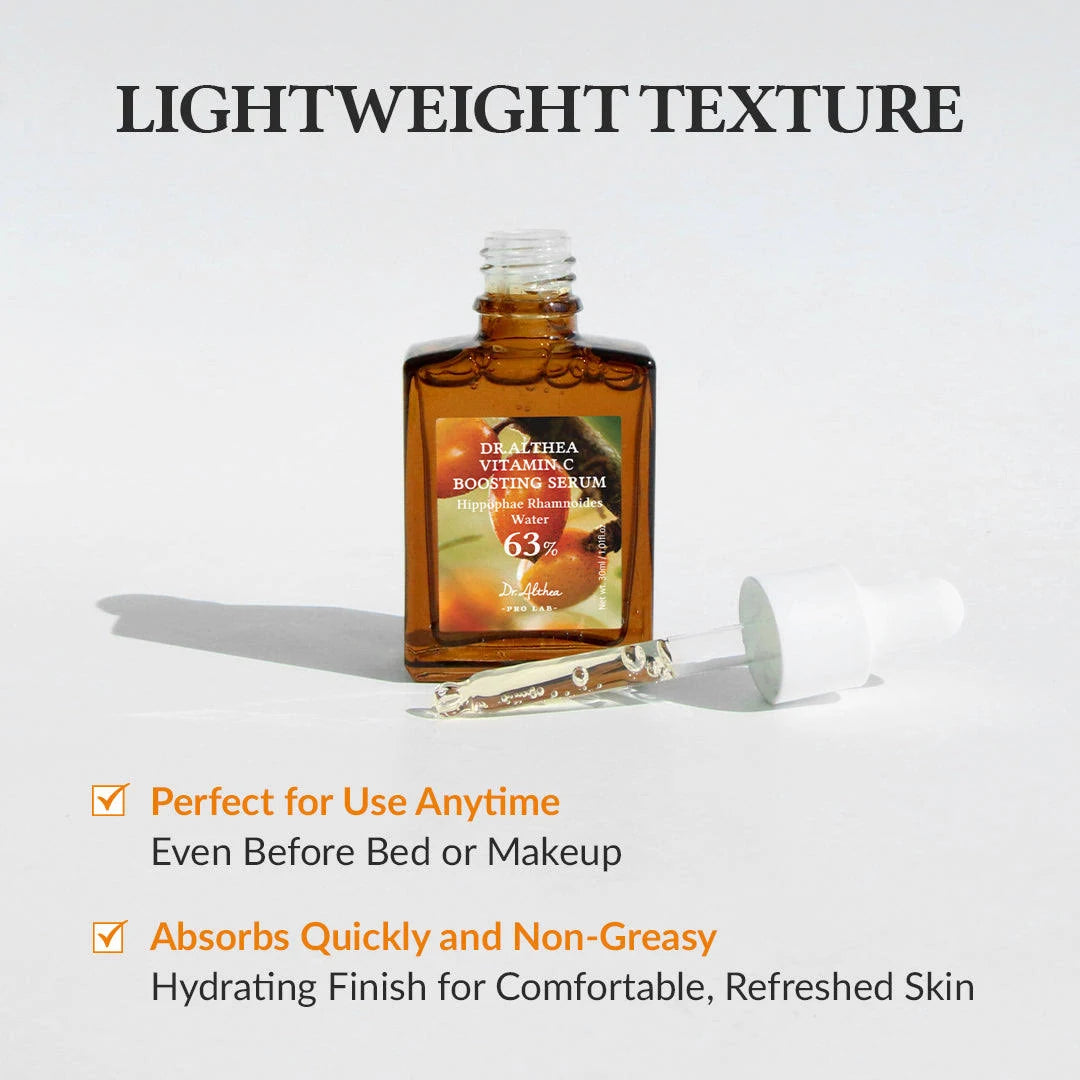Skincare serum bottle with text highlighting lightweight texture and usage benefits on a light gray background