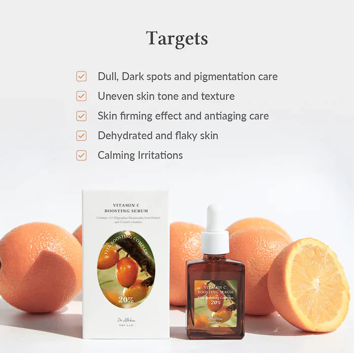 Vitamin C boosting serum with oranges on a light background