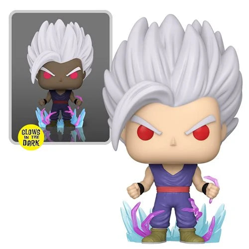 Funko Pop Dragon Ball Super Gohan Beast glow-in-the-dark vinyl figure with red eyes, white spiked hair, and energy aura effects
