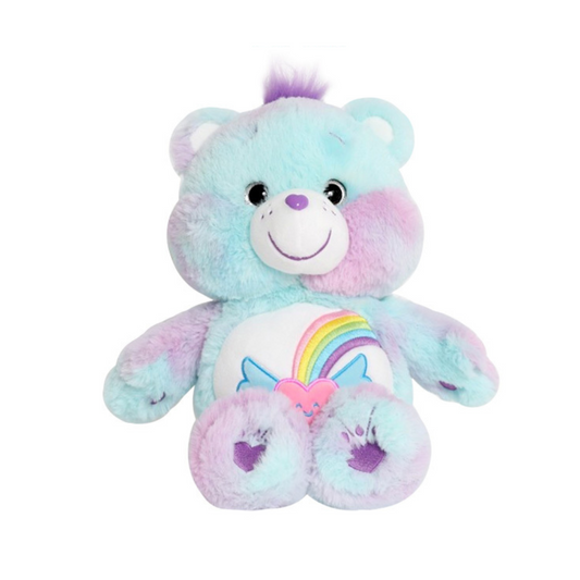 "Dream Bright Bear Care Bears plush toy with pastel rainbow fur and heart-wing rainbow belly badge – soft inspirational stuffed animal for kids and collectors"
