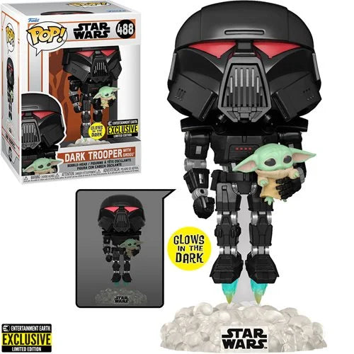 Star Wars: The Mandalorian Dark Trooper with Grogu Glow-in-the-Dark Pop! Vinyl Figure - Entertainment Earth Exclusive - Kids & Mom Toys