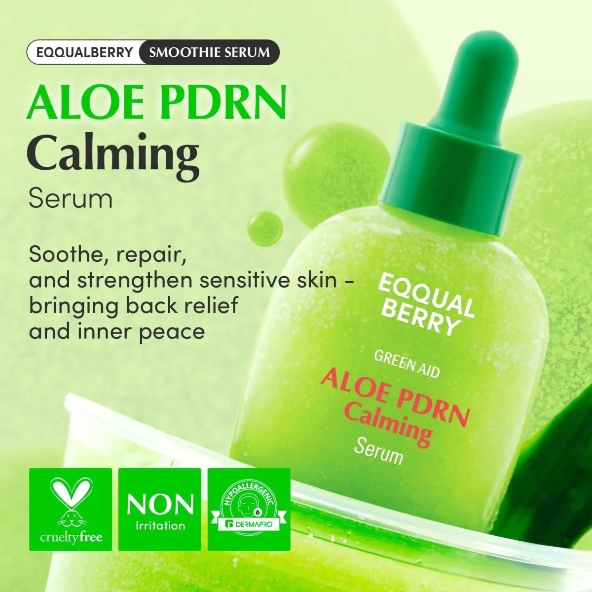Aloe PDRN Calming Serum bottle with green dropper on a green background, featuring Equal Berry branding.