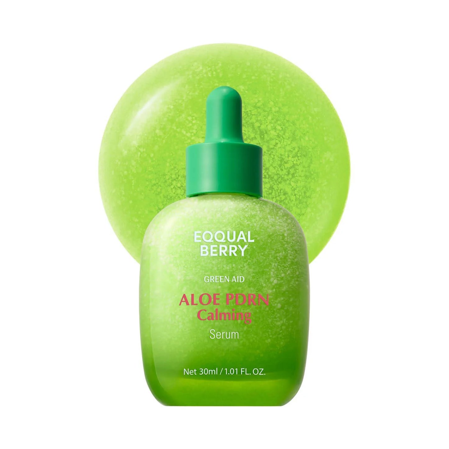 Green aloe vera serum bottle with dropper and green sponge on a white background