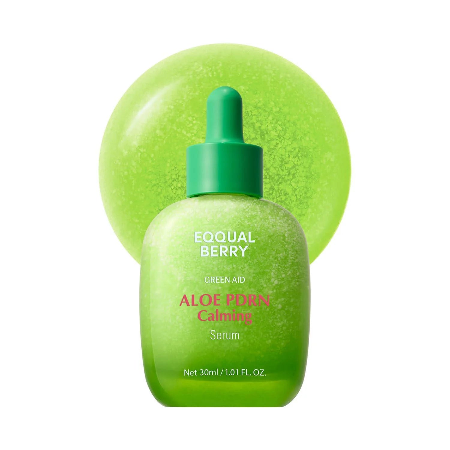 Green aloe vera serum bottle with dropper and green sponge on a white background