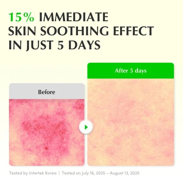 Before and after effect of skin soothing treatment with Intertek Korea testing results.