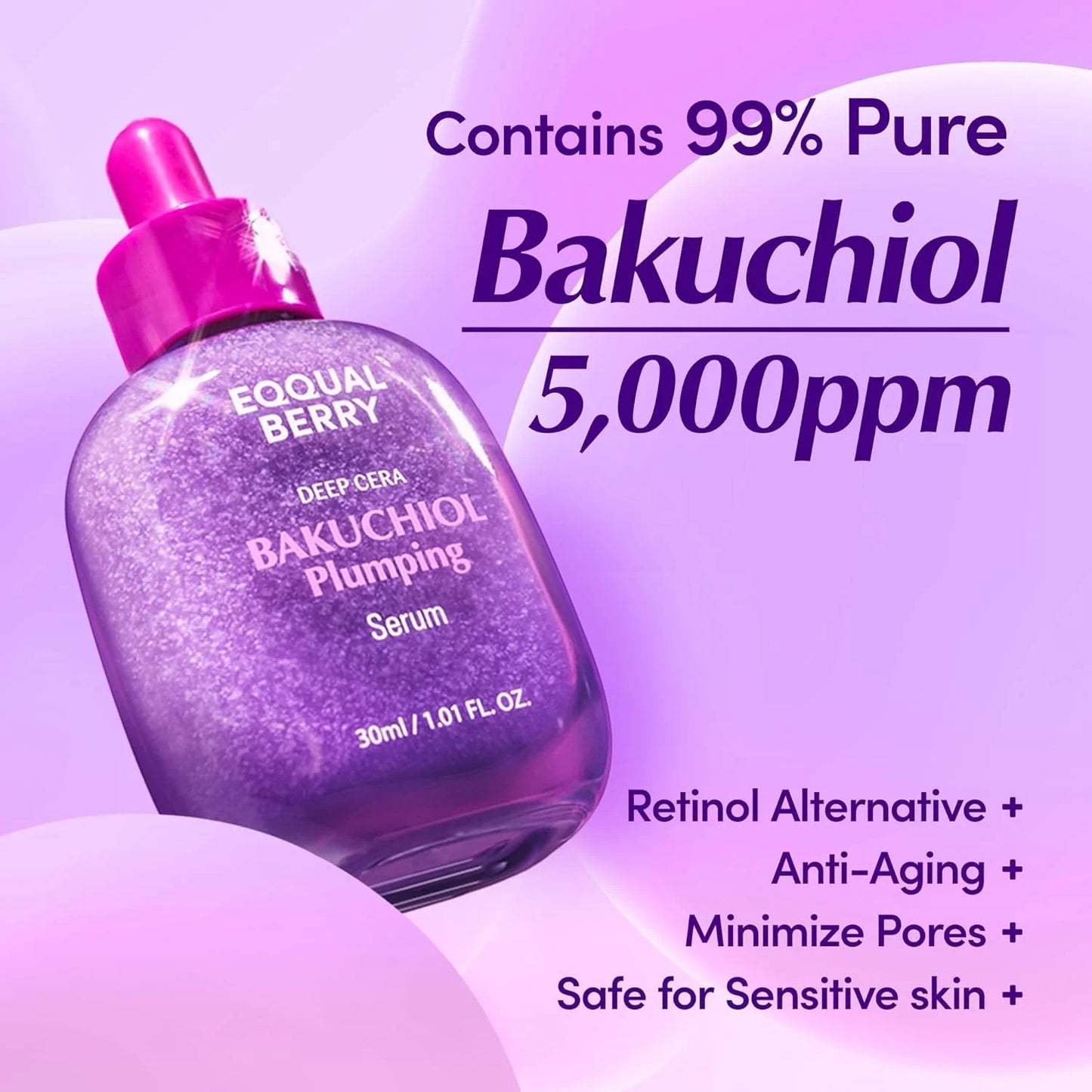 Bakuchiol serum bottle with text on a purple background