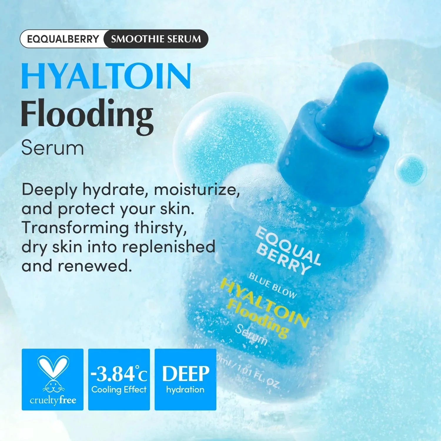 Blue bottle of Hyaltoin Flooding Serum with text on a light blue background