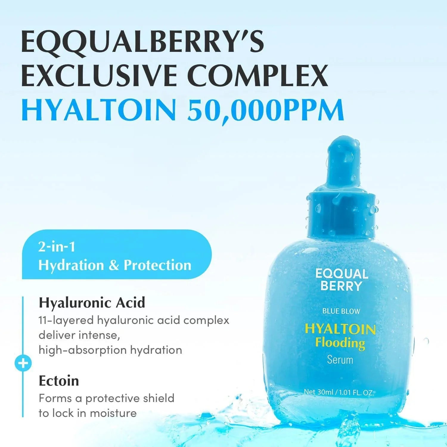 Blue serum bottle with text about Equalberry's Exclusive Complex Hyaltoin 50,000PPM on a light blue background