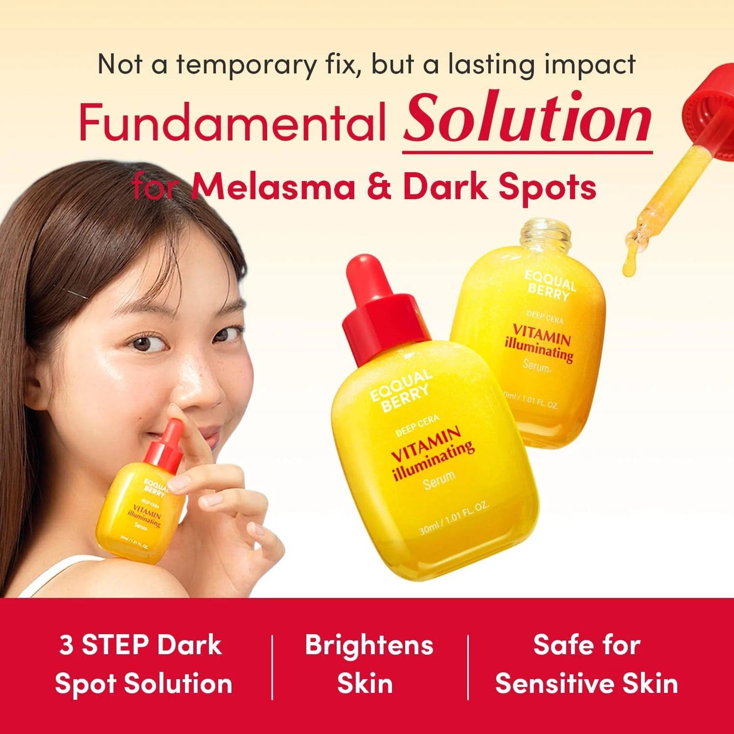 Advertisement for a dark spot solution with a woman holding a bottle and text about its benefits.