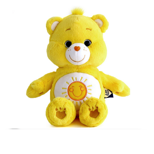 "Funshine Bear Care Bears plush toy in bright yellow with smiling sun belly badge – soft stuffed animal gift for kids and collectors spreading joy and positivity"