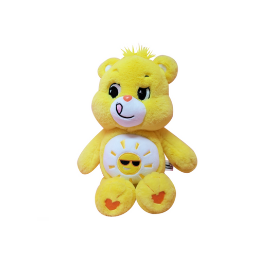 "Funshine Bear Care Bears plush toy in bright yellow with sun and sunglasses belly badge – soft stuffed animal for kids, collectors, and summer-themed gifts"