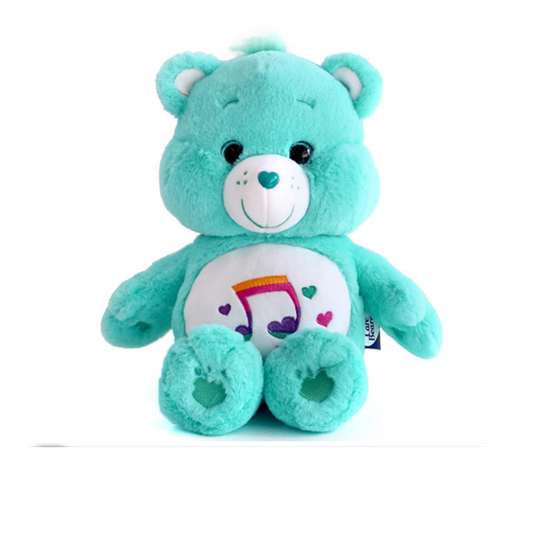 "Heartsong Bear Care Bears plush toy in turquoise blue with music note and heart belly badge – soft collectible stuffed animal gift for kids and fans"