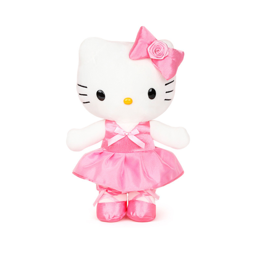 Hello Kitty ballerina plush toy wearing a shiny pink tutu, satin ballet slippers, and a matching pink bow with a rose, posed in a graceful stance – ideal for Sanrio fans and kawaii-themed gifts.