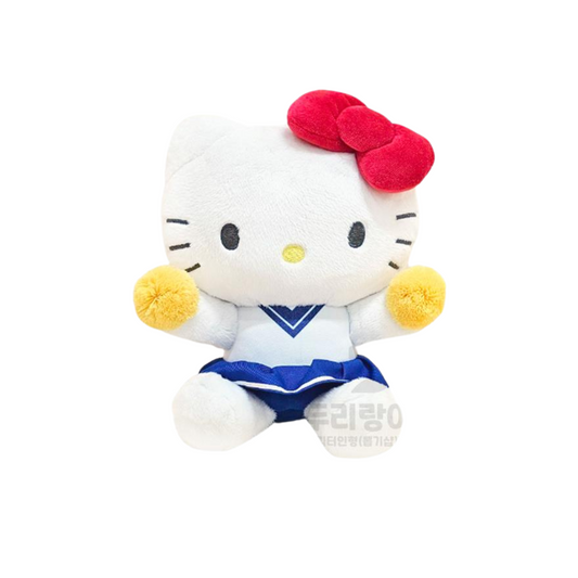 Classic Hello Kitty plush in a white and blue cheerleader uniform with a red bow, great gift for Sanrio fans.