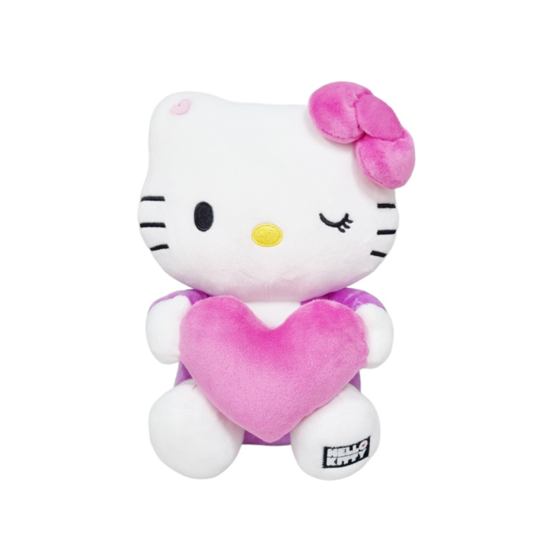 "Hello Kitty plush toy holding a red or pink heart – Sanrio stuffed animal gift in winking and smiling styles for Valentine’s Day, anniversaries, and Hello Kitty fans"