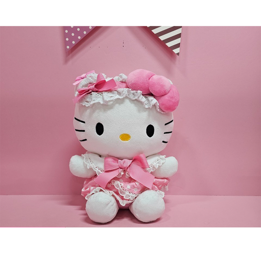 “Hello Kitty plush in elegant pink lace dress with bows – classic Sanrio cat character perfect for birthday gifts or collectors.”