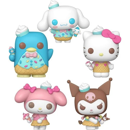 Hello Kitty and Friends Funko Pop vinyl figures dressed in ice cream-themed outfits including My Melody, Kuromi, Tuxedosam, and Cinnamoroll with mini ice cream cones