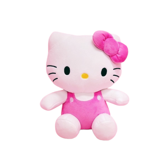 "Hello Kitty Sanrio plush toy in pink overalls with signature bow – soft stuffed animal for kawaii lovers, kids, and classic character collectors"