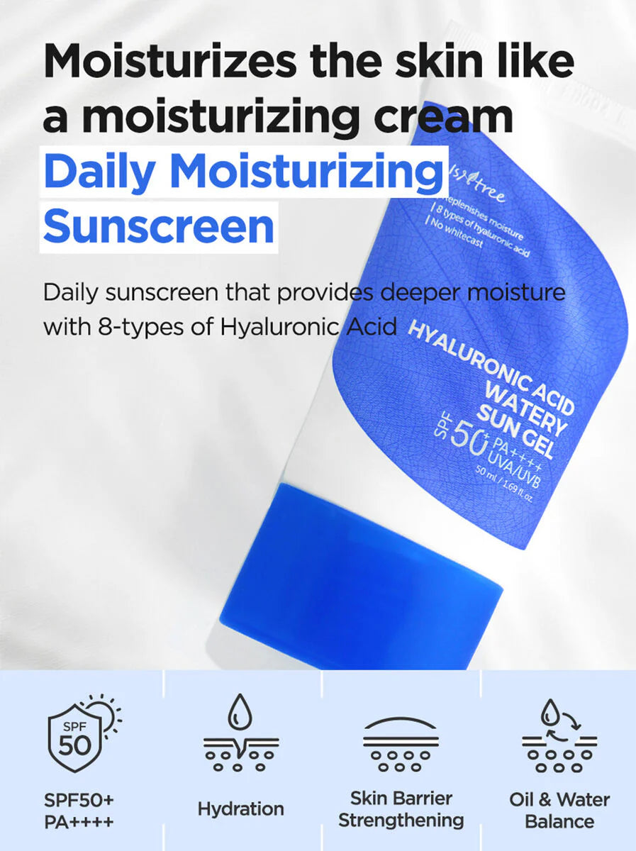 Hyaltree Daily Moisturizing Sunscreen SPF 50 in a blue and white squeeze tube, set against a white textured background with promotional text and feature icons at the bottom.