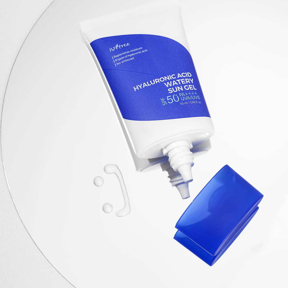 Blue and white sun gel bottle with pump on a light gray background