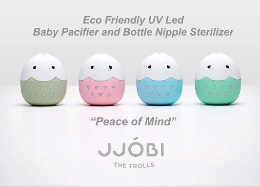 JJOBI Trolls baby pacifier and bottle nipple sterilizer – pastel-colored UV LED sanitizers in mint, blue, pink, and olive green, eco-friendly and portable.