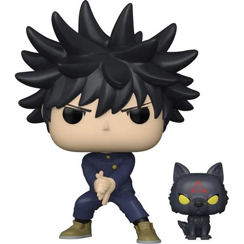 Funko Pop! vinyl figure set of Megumi Fushiguro from Jujutsu Kaisen, posed with summoning hands and spiky black hair, alongside black Divine Dog with yellow eyes and red triangle sigil.