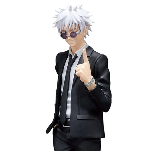 Jujutsu Kaisen Satoru Gojo Suit Version Special Diorama Statue featuring Gojo in a black suit with sunglasses, smiling and pointing with detailed sculpting.