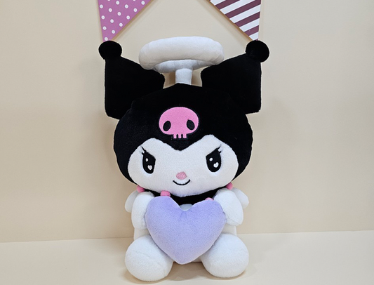 Sanrio Kuromi Angel 2 plush doll holding a purple heart, wearing a jester hat with pink skull, 25cm stuffed toy