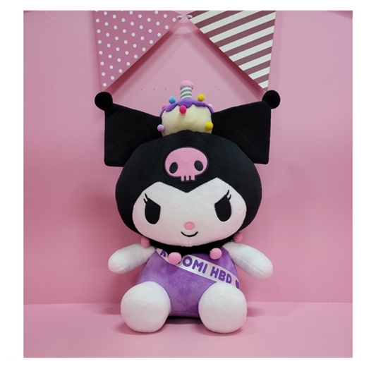 "Kuromi birthday plush toy with purple HBD sash and cupcake crown – Sanrio character stuffed animal for kawaii party gifts and collectors"
