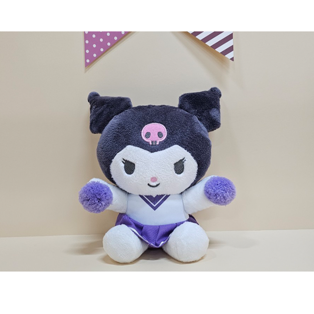 Kuromi dressed in a purple cheerleader outfit with plush pom-poms, blending edgy and cute aesthetics.