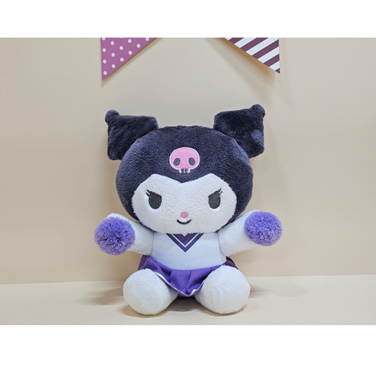 Kuromi dressed in a purple cheerleader outfit with plush pom-poms, blending edgy and cute aesthetics.