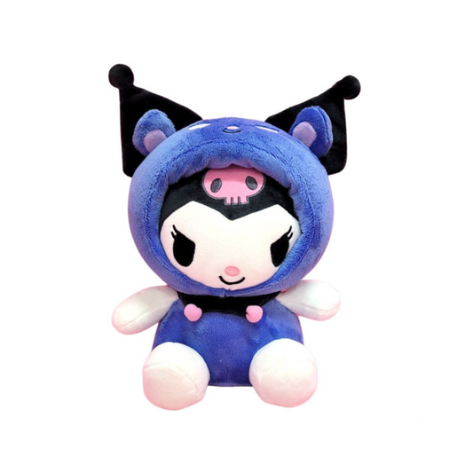 "Kuromi plush toy wearing purple cat costume with jester ears and pink skull – Sanrio kawaii stuffed animal for Kuromi fans and plush collectors"