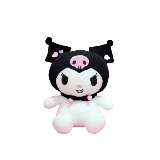 "Giggling Kuromi Sanrio plush with black jester hood, pink skull, and smiling expression – soft kawaii stuffed animal for fans and collectors"
