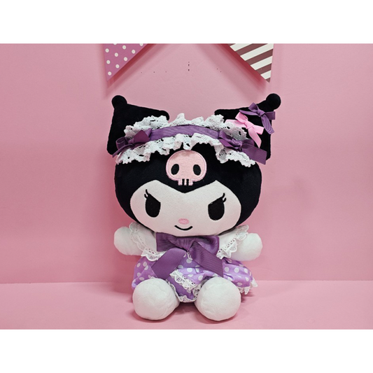 “Kuromi dressed in a purple lace maid outfit – cute Sanrio plush with skull headpiece and ribbons, ideal for gothic kawaii aesthetic fans.”