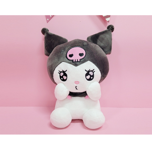 "Kuromi plush toy with blushing cheeks and hands on face – Sanrio kawaii stuffed animal in shy pose with black jester hood and pink skull for Kuromi fans and collectors"