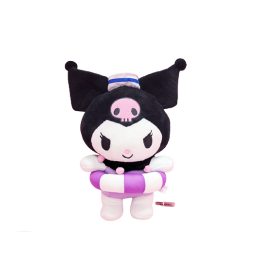 "Kuromi Sanrio plush toy wearing purple-striped swimming tube and sailor hat – summer-themed stuffed animal for collectors, beach lovers, and kawaii fans"