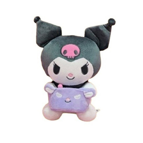 Kuromi plush toy holding a purple mini pouch with mischievous face, soft Sanrio stuffed doll with black jester hood and pink skull, ideal for kawaii collectors and fans