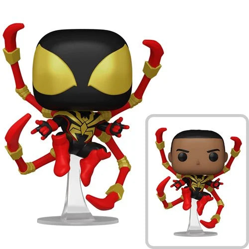 Funko Pop vinyl figure of Miles Morales in Iron Spider Suit with gold and red mechanical arms and dynamic flying pose on stand