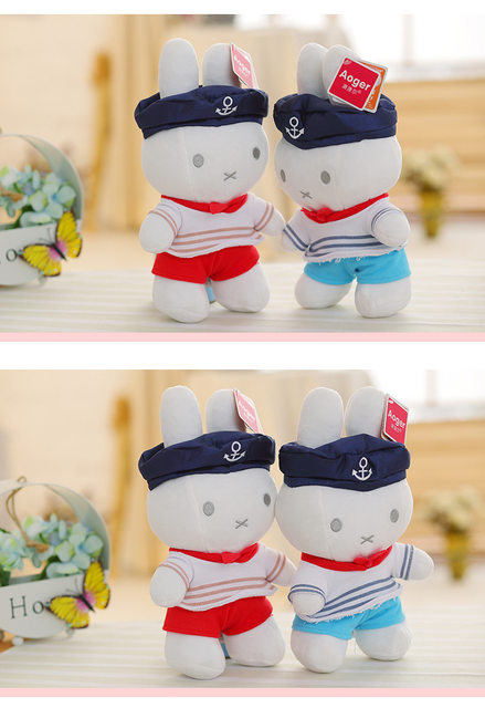 Two Miffy plush dolls in sailor outfits with red and blue shorts, wearing navy sailor hats, displayed on a light tabletop background