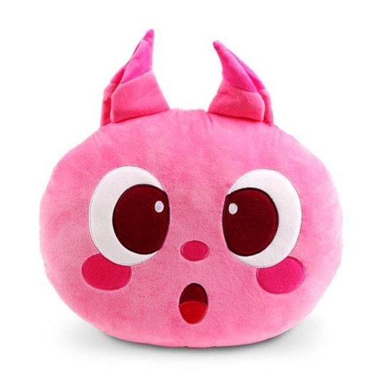 Mini Force Lucy pink plush cushion featuring large red eyes, surprised expression, bunny ears, and blushing cheeks – inspired by the Mini Force animated series character.