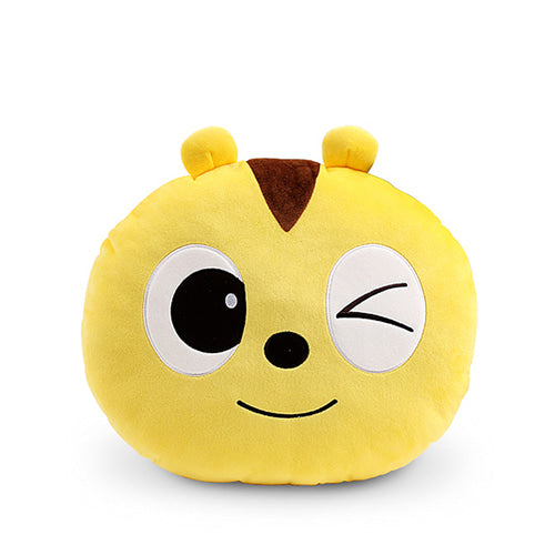 Mini Force Max character plush cushion in bright yellow with brown stripe, one open eye and one winking eye, small round ears, and a cute smile – perfect for fans of the Mini Force animated series.