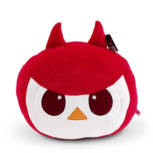 Red and white Mini Force Sammy cushion with pointed ears, large round eyes, and orange beak, shaped like a plush owl head – soft and cute character pillow for kids and animation fans.