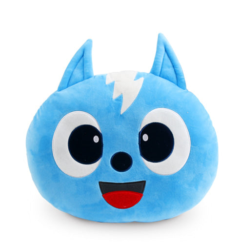 Cute round Mini Force Volt cushion with sky-blue plush, large white-and-black eyes, red smiling mouth, pointy ears, and signature lightning bolt design – anime-style pillow for children and fans.