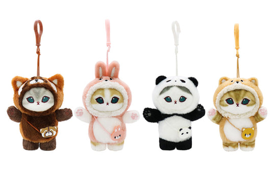 Brown raccoon, pink bunny, black-and-white panda, and beige bear cat plush keychains in 10 cm costume design, shown as a 4-style collection.