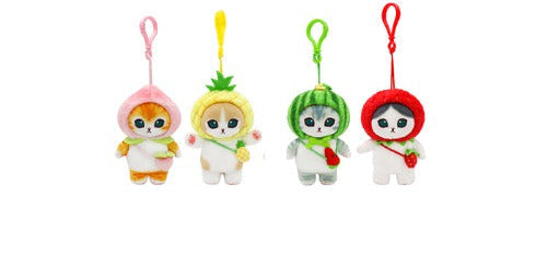 Cute fruit costume cat plush keychains featuring peach, pineapple, watermelon, and strawberry designs, shown in full-size dolls and mini bag charm versions.